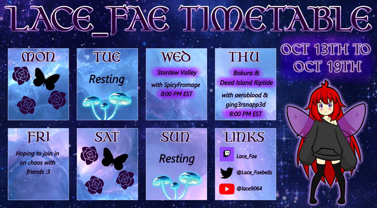 Here's the schedule for the next spooky week 💜🧚‍♀️💜