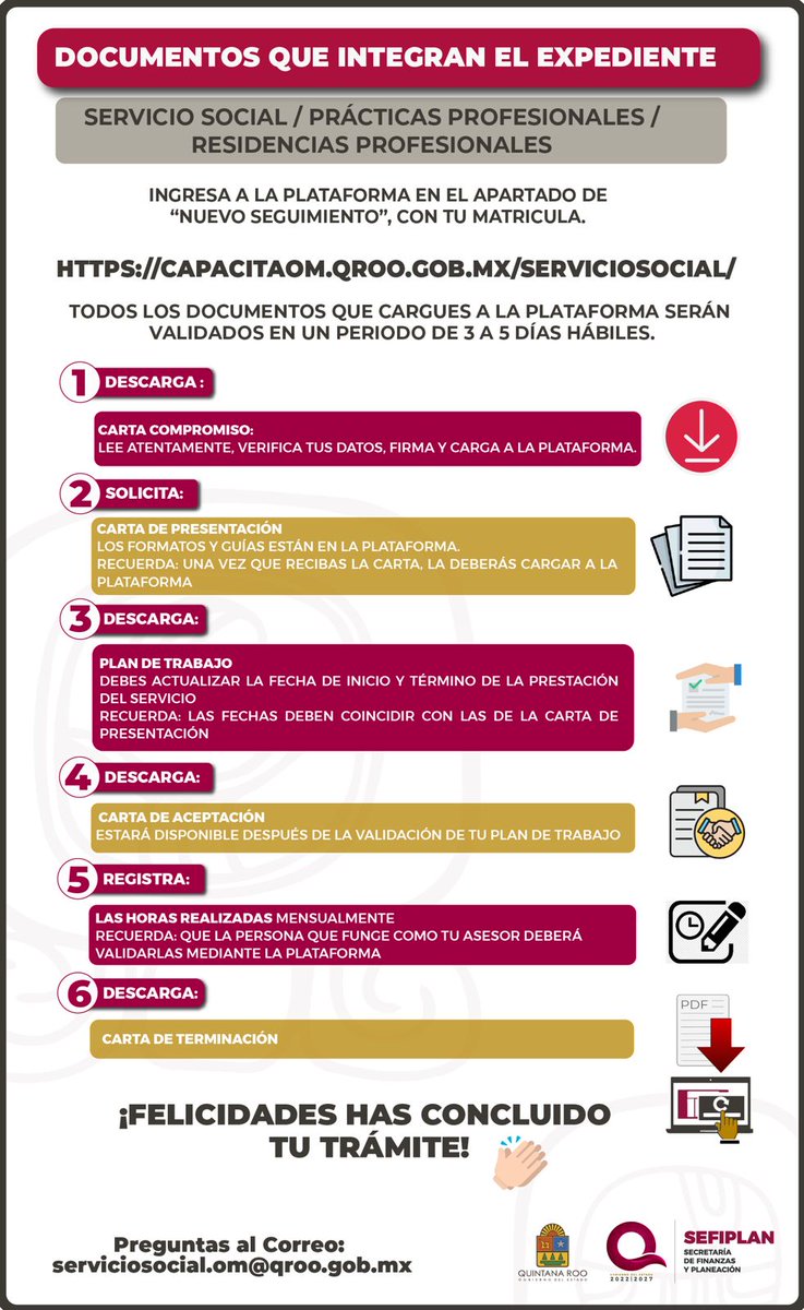 📄 La @Sefiplanqroote comparte algunos consejos para el Proceso de Integración de expediente al realizar tu Servicio Social, Prácticas Profesionales o tu Residencia Profesional en alguna Dependencia de Gobierno del Estado.
🔗: capacitaom.qroo.gob.mx/serviciosocial/
