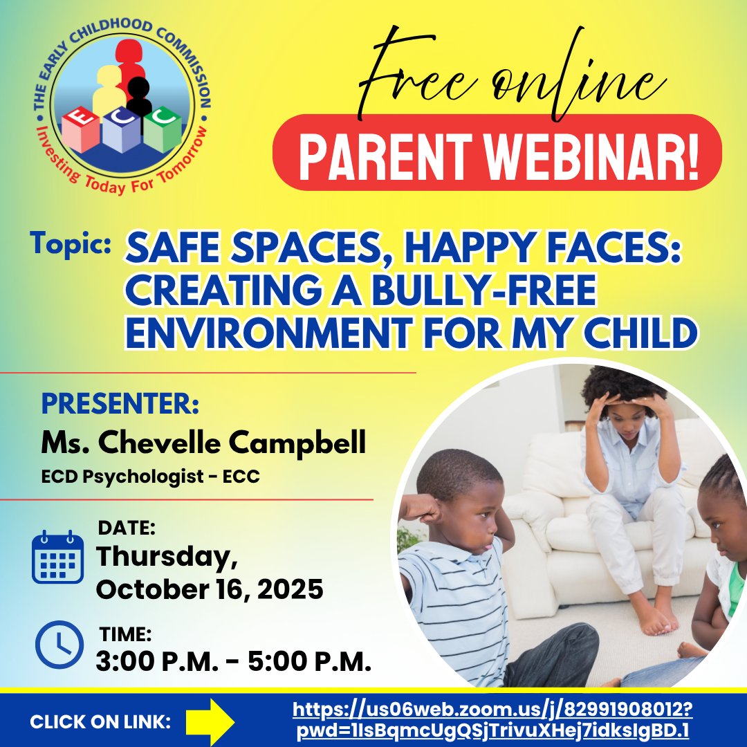 ECCJA's tweet image. 🌟 Parents! Join our FREE Online Parent Webinar 💻✨
🗣️ “Safe Spaces, Happy Faces: Creating a Bully-Free Environment for My Child”
🗓️ Oct 16 | 🕒 3PM | 🎙️ Ms. Chevelle Campbell, ECD Psychologist – ECC
🔗 Join here: us06web.zoom.us/j/82991908012
#StopBullying #12StandardsMatter