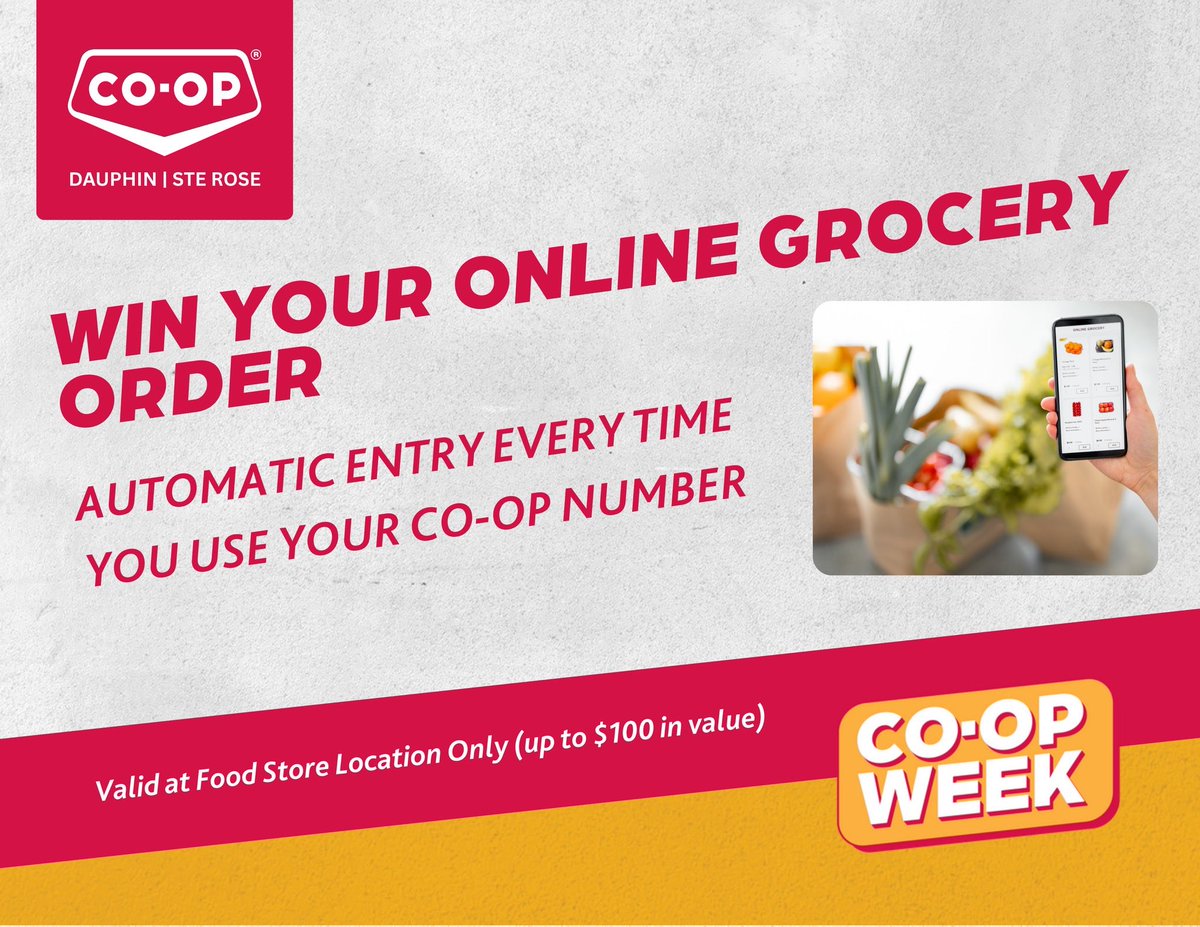 IT'S CO-OP WEEK! 🎉 This week we're celebrating YOU — our amazing Co-op Members!
🛒 Online Grocery Giveaway
Place an online grocery order you’ll be entered to win your Online Grocery Order (up to $100)!

🔗New to online ordering? No problem! 
dauphinco-op.crs/sites/dauphin/…

#DauphinCoop