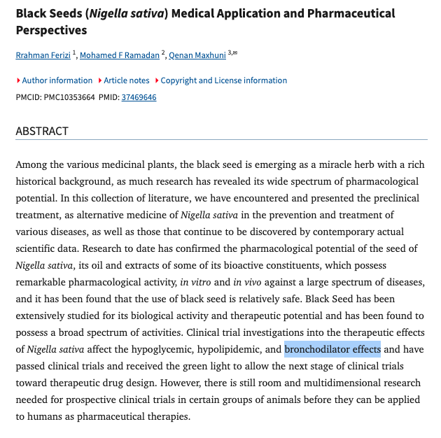 ancienth_h's tweet image. "Clinical trial investigations into the therapeutic effects of Nigella sativa affect ... bronchodilator effects (widening of lung bronchi) and have passed clinical trials..." 
Don't sleep on Black Seed Oil this winter.