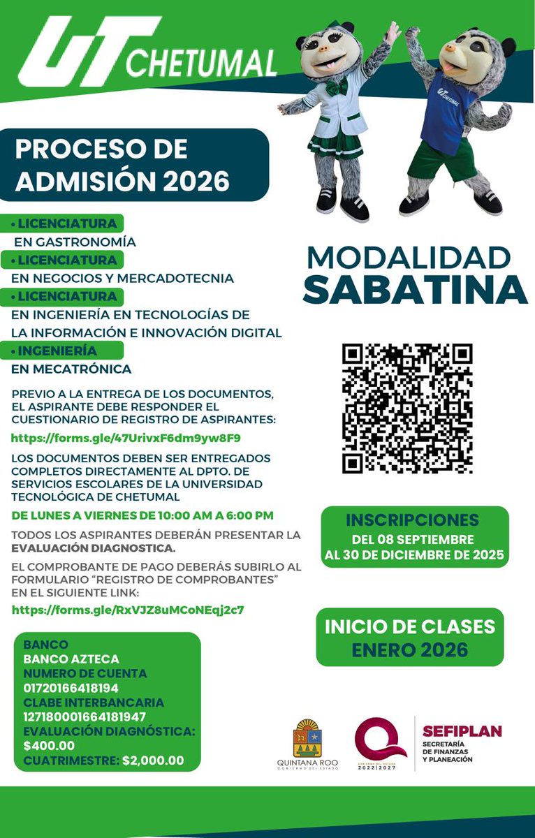 ¡Estudia una carrera sin dejar de trabajar!
En alianza con @UTChetumal, <a href="/Sefiplanqroo/">SEFIPLAN</a> abre el Proceso de Admisión 2026 📚
🗓 Regístrate del 8/sept al 30/dic
 🕒 Modalidad Mixta Sabatina

📥 Formulario: forms.gle/47UrivxF6dm9yw…
 📲 Info: 983 129 1765 ext. 1009