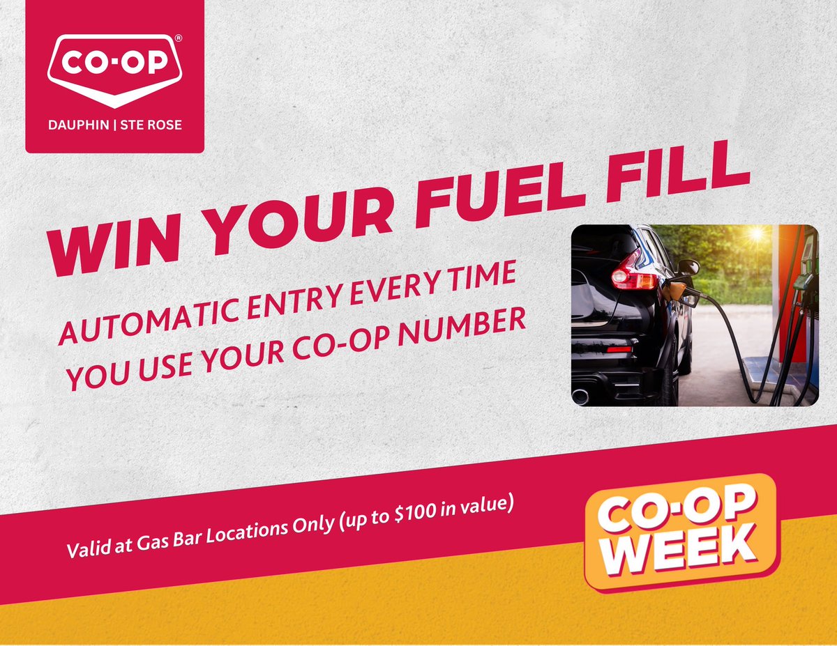 IT'S CO-OP WEEK! 🎉 This week we're celebrating YOU — our amazing Co-op Members!
⛽ Fuel Fill Giveaway 
Use your Co-op number at either of our Dauphin Co-op Gas Bars and you could WIN your Fuel Fill (up to $100) through October 17.

#DauphinCoop #CoopWeek #FuelFill
