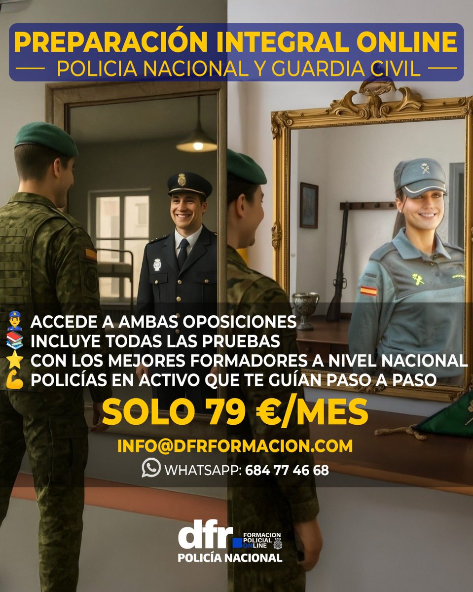 🪖 ¿Eres militar y quieres seguir sirviendo a España desde otro uniforme?

En DFR Formación te ayudamos a conseguir tu plaza en Policía Nacional o Guardia Civil, con una preparación 100 % online, sin matrícula y adaptada a ti.

👮‍♂️ Accede a ambas oposiciones con una sola cuota
📘