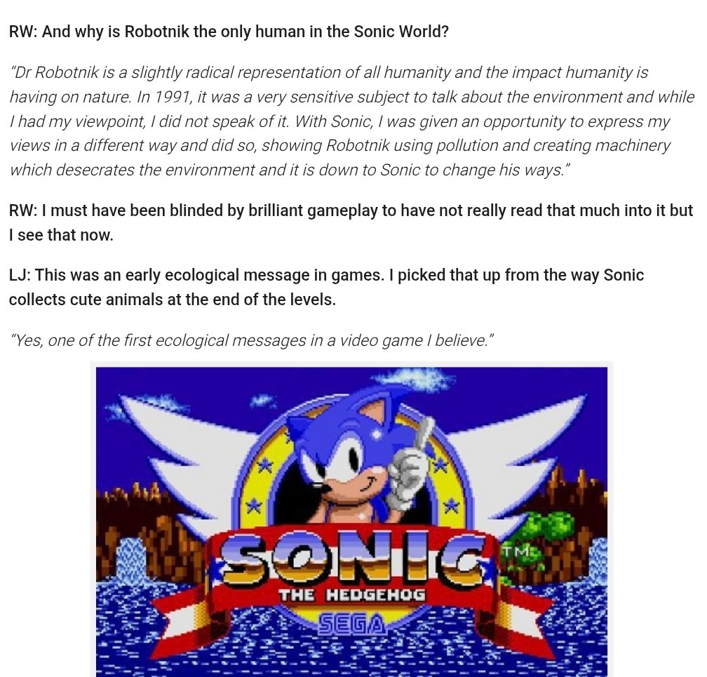 Realidade:
De acordo com o Yuji Naka, Sonic foi uma das primeiras mensagens pró-ambientais num videogame e o Eggman é uma representação radicalizada da humanidade e o impacto que ela tem na natureza.

🤷