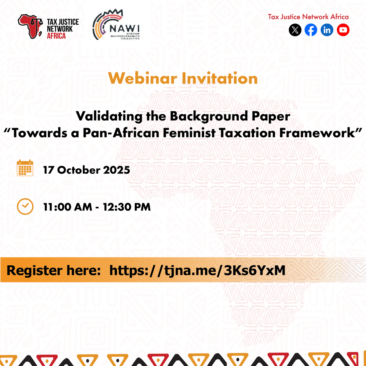 The Feminist Tax Initiative under the auspices of TJNA and <a href="/NawiAfrica/">Afrifem Macroeconomics Collective</a>  will be hosting a webinar for the online validation of the background paper titled “Towards a Pan-African Feminist Taxation Framework”.

📅 17 October 2025

🕥 11:00 am to 12:30 pm EAT

The validation meeting