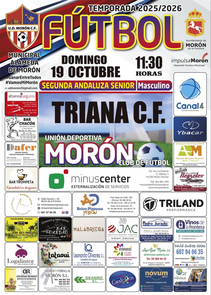 𝐓𝐄𝐌𝐏𝐎𝐑𝐀𝐃𝐀 𝟐𝟎𝟐𝟓/𝟐𝟎𝟐𝟔

JORNADA 5 - Senior Masculino

🆚 @trianacf1919 

📆Domingo 19 de octubre
⌚️11:30 horas
🏠Municipal Alameda, Morón de la Frontera

🏆#SegundaAndaluzaSeniorMasculino

❤️🤍💙

#LuchaPorTusColores #VamosMiMorón