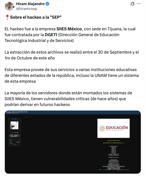 🏴‍☠️ | Hackers filtraron hasta el tipo de sangre de niños... y empresa a cargo niega ser responsable

Confirmando lo publicado por <a href="/hiramcoop/">Hiram Alejandro</a>, la filtración de datos de miles de estudiantes de escuelas públicas de Tijuana, Mexicali y Torreón sucedió por un hackeo a la empresa SIIES