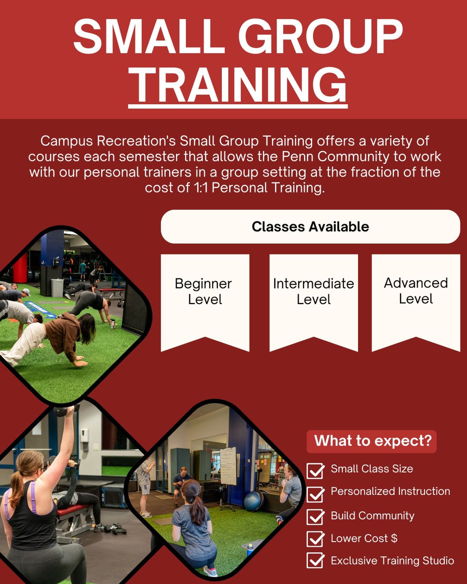 Ready to take your training to the next level? 🚀

Join Small Group Training and work alongside our certified personal trainers in a supportive, high-energy environment. With small class sizes, personalized coaching, and sessions for every level. 
Register:recreationwebportal.dria.upenn.edu/Program/GetPro…