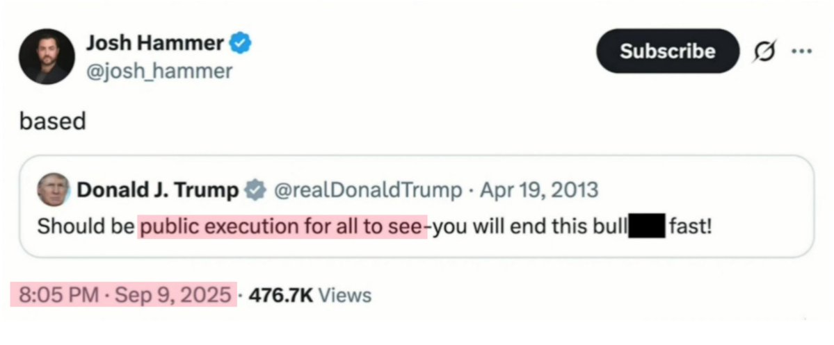 Who's the evil one again?

Who's the one trying to find out what really happened to Charlie Kirk?

3 hours of silence and no posts, then out of nowhere posts about "public execution for all to see."

That 3 hours of silence and no posts online is allegedly when he was talking to