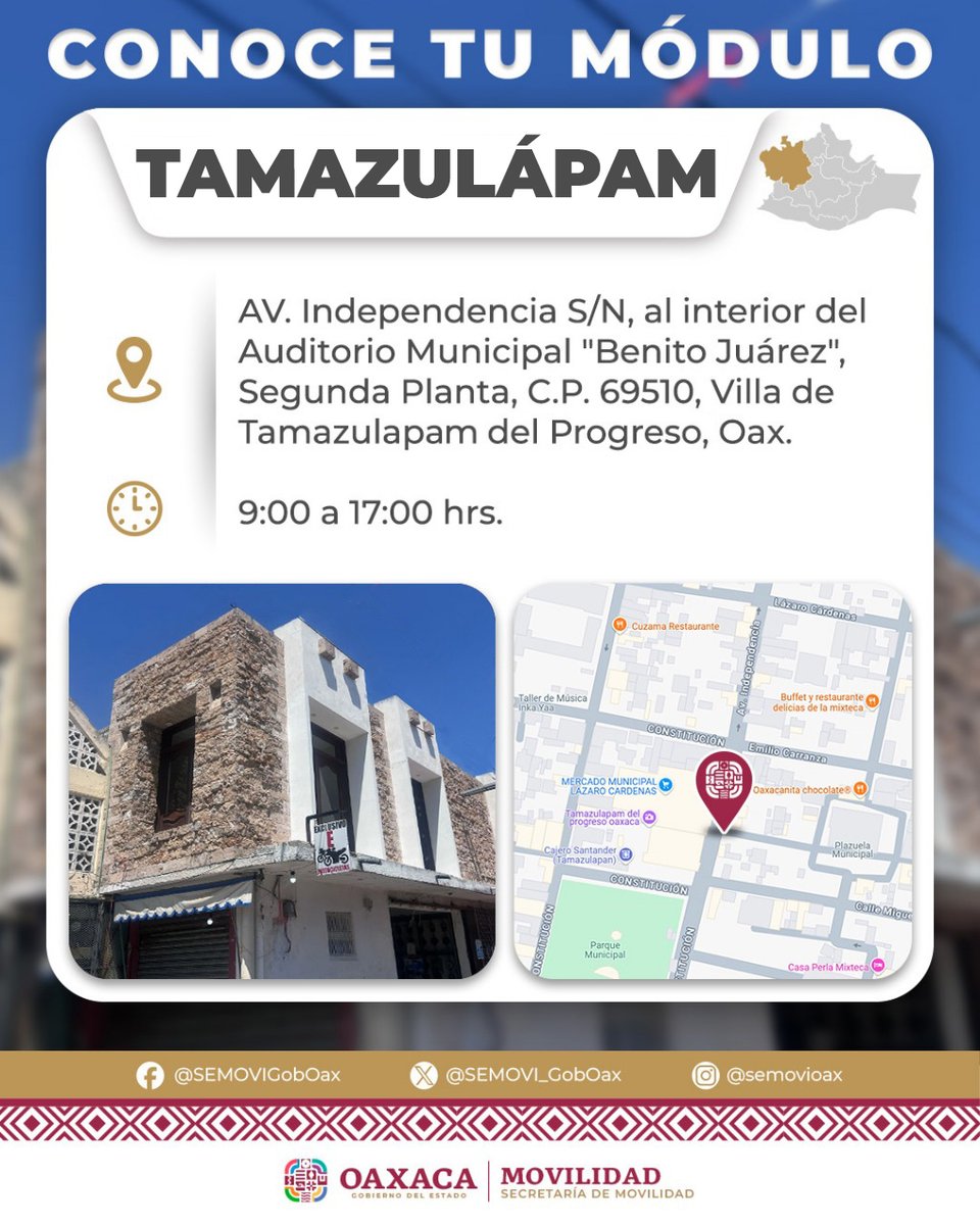 📍 En Tamazulápam del Progreso también tenemos módulo de atención.
Ven al Auditorio Municipal “Benito Juárez”, segunda planta, de 9:00 a 17:00 h y realiza tus trámites de forma directa y segura.

#MovilidadQueTransforma