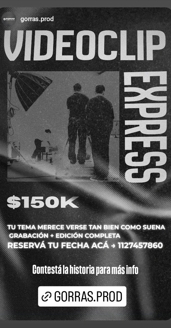 Durante Octubre y por única vez, si sos artista o conoces a alguien que quiera hacer un videoclip, no dejen pasar esta gran oportunidad con este súper descuento. 
Compartí y hacele llegar a algún artista.

Más info al siguiente Ig: 👇🎥

instagram.com/gorras.prod?ig…