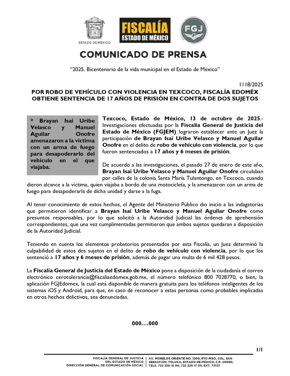 FiscaliaEdomex's tweet image. #Sentenciados
Investigaciones efectuadas por la #FiscalíaEdoméx permitieron establecer ante un Juez la participación de Brayan Isaí Uribe Velasco y Manuel Aguilar Onofre en el delito de robo de vehículo con violencia en el municipio de #Texcoco, por lo que fueron sentenciados a…