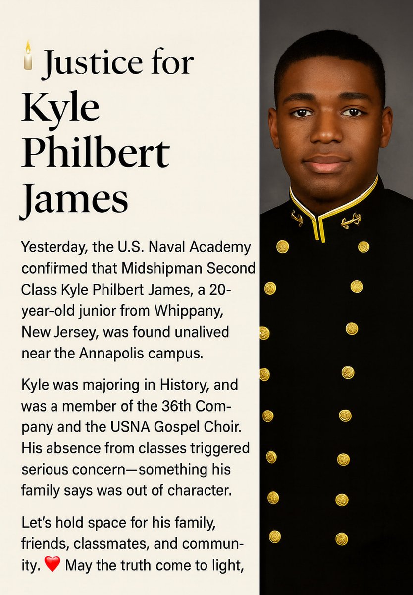 TheeBossyDiva's tweet photo. 🕯️ Justice for Kyle Philbert James 🕯️
We won’t let his story fade into silence. Kyle was a bright, talented young man — a midshipman, scholar, and member of the USNA Gospel Choir. His light touched so many lives. 💛💙

As his loved ones search for answers, let’s stand in unity https://t.co/QY321Tdqew