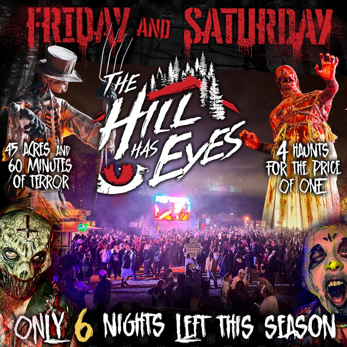 MKEHHE's tweet photo. The terror is peaking.
Only 6 nights remain before the Hill goes dark for the year.
This weekend, the gates open again, Fri and Sat.

45 acres of darkness. 60 minutes of screams. 4 haunts for the price of 1.
Enter while you still can. We will SELL OUT.
https://t.co/OK5ZradZ26 https://t.co/Qz6teeDYKl