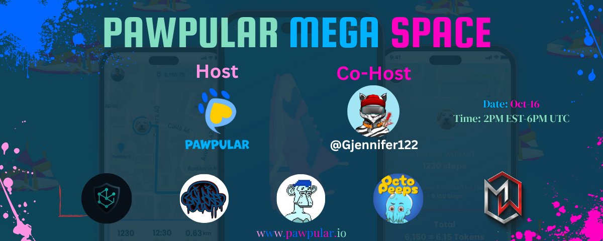 PawpularApp's tweet image. 🌍 PawPular Space #15 — October 16 | 2PM EST / 6PM UTC
🎤 Hosted by @PawpularApp 🐾
🤝 Co-hosted by @Gjennifer122🌟

🎁 GIVEAWAY TIME!
🎉 1 PPG NFT Free Mint
🎉 1 CEN NFT

🔥 With special guests:
@OctoPeepsNFTs @mudmavericks @BoredApePixelCl 
@skulrzsaga @realkekius_max 

To…