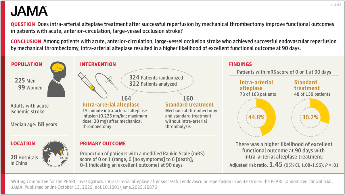 JAMANeuro's tweet photo. From @JAMA_current: After mechanical thrombectomy for acute LVO stroke, intra-arterial alteplase increased the rate of excellent 90-day functional outcomes without raising symptomatic intracranial hemorrhage. 

https://t.co/cern83x59U https://t.co/MoZ7ebDUuG