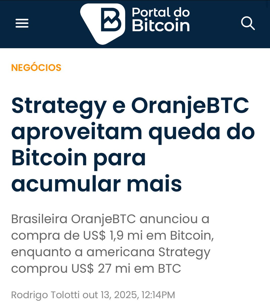 🐋 Enquanto alguns vendem na baixa, outros estão acumulando. Nos últimos  dias, a Strategy adicionou US$ 27 milhões em Bitcoin, e a brasileira  OranjeBTC também reforçou posição, mais US$ 1,9 milhão em