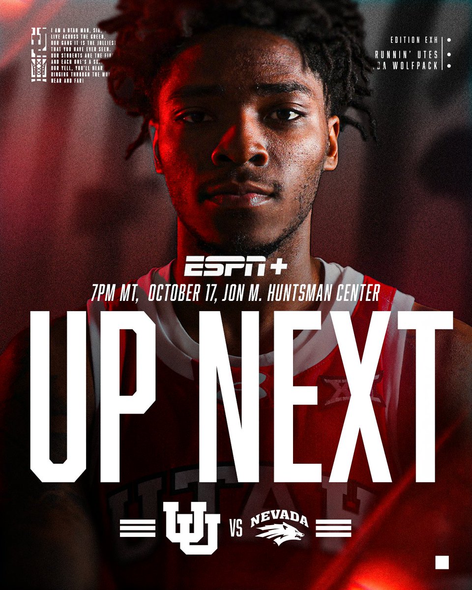 Utah Basketball (@utahmbb) on Twitter photo Don't miss out on your first chance to see the Runnin' Utes this Friday! Admission is FREE for all fans in the lower and upper bowls.
🗓️ Friday, Oct. 17
🏟️ <a href="/HuntsmanCenter/">Jon M. Huntsman Center</a>
🕰️ 7pm
📺 ESPN+
🖋️ FREE Postgame Autographs
🛒 Season 🎟️➡️ bit.ly/3KMwptW
#GoUtes Don't miss out on your first chance to see the Runnin' Utes this Friday! Admission is FREE for all fans in the lower and upper bowls.
🗓️ Friday, Oct. 17
🏟️ <a href="/HuntsmanCenter/">Jon M. Huntsman Center</a>
🕰️ 7pm
📺 ESPN+
🖋️ FREE Postgame Autographs
🛒 Season 🎟️➡️ bit.ly/3KMwptW
#GoUtes