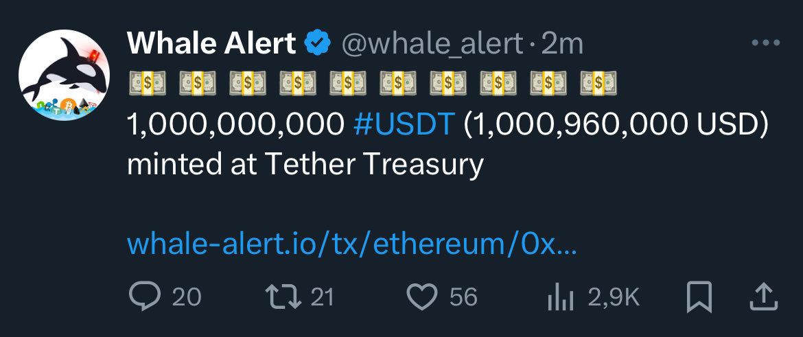 CryptoTweetsWW's tweet image. JUST IN: $1 BILLION $USDT minted at #Tether Treasury.

Pump the markets! 👀🚀