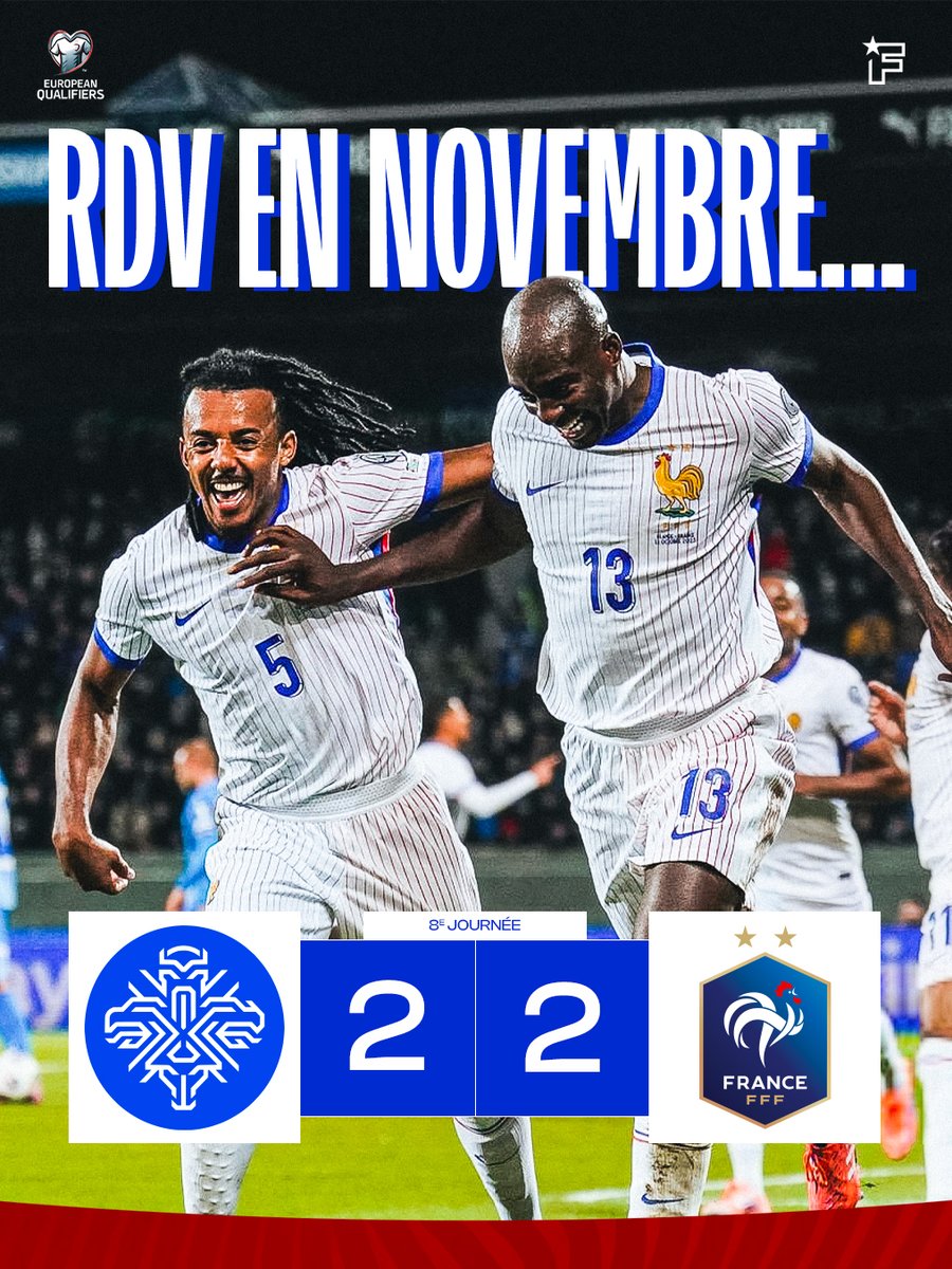 ❄️ Dans le froid de Reykjavik, les Bleus ont frôlé la désillusion…

Nkunku et Mateta avaient renversé le match, mais l’Islande a arraché le nul (2-2).

La France devra encore attendre pour décrocher son ticket pour la Coupe du monde. 🇫🇷😤

#ISLFRA #WorldCupQualifiers