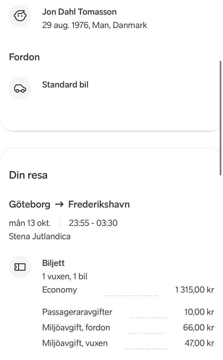 JDT, här har du biljetten hem till Danmark. Betald och klar. 23:55 går båten från Göteborgs hamn, kom ihåg att lämna tillbaka bilen! 👋🏼 🛶