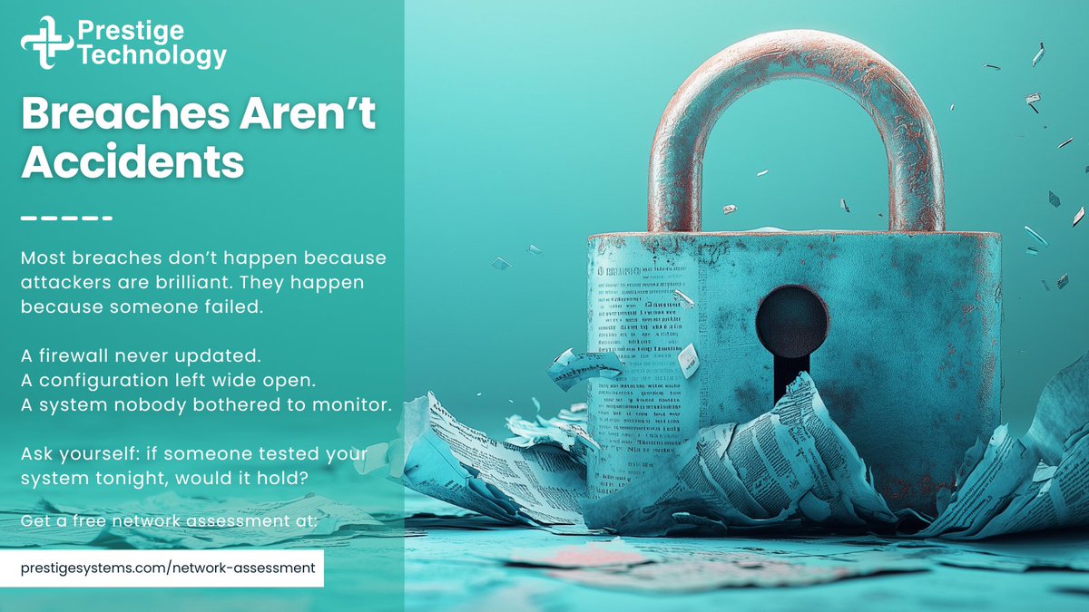 PrestigeTechSys's tweet image. ⚠️ Breaches Aren’t Accidents

Most aren’t genius hacks—
they’re firewalls left unpatched, configs left open, systems left unmonitored.

We close the gaps.
Because security isn’t about tools—it’s about discipline.

🛡️ Free network assessment:
 prestigesystems.com/network-assess…

#Prestige