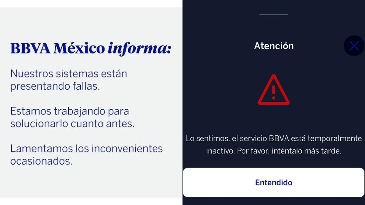 CONFIRMA BBVA FALLAS EN SU SISTEMA

Este lunes, usuarios de #BBVA México reportaron diversas fallas en la aplicación móvil y otros servicios digitales durante varias horas.

A través de sus redes sociales, la institución #bancaria confirmó la interrupción y explicó, mediante un