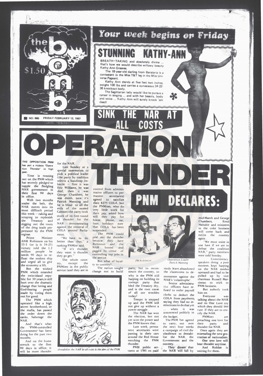 The Bomb was a weekly tabloid-style newspaper in Trinidad and Tobago. First published in 1970, the paper became known for its provocative reporting that often challenged political leaders and social elites….(cont.)