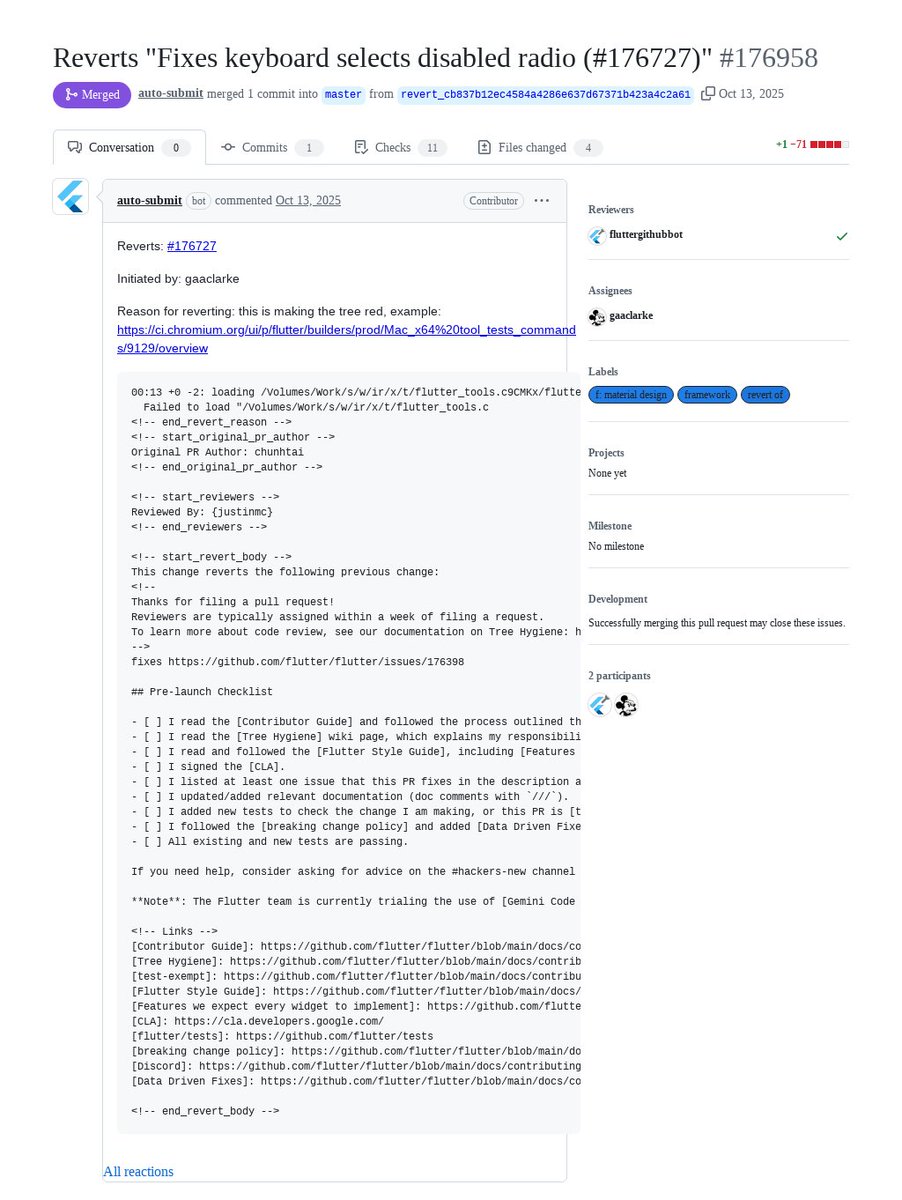 FlutterMerge's tweet image. &quot;Reverts &quot;Fixes keyboard selects disabled radio (#176727)&quot;&quot; by auto-submit[bot] was merged into #Flutter master github.com/flutter/flutte…