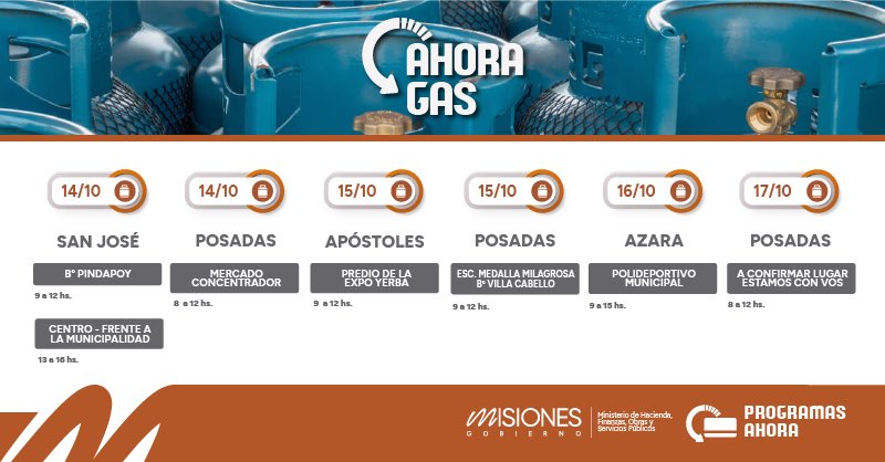 misionhacienda's tweet photo. Compartimos el cronograma semanal del programa provincial #AhoraGas. La recarga de garrafas de 10 kg vale $10.500. 

👨🏼‍💻 Consultá más detalles en nuestra web https://t.co/YkUaxCUGZj. 

#ProgramasAhora https://t.co/AG5B6JmKOa