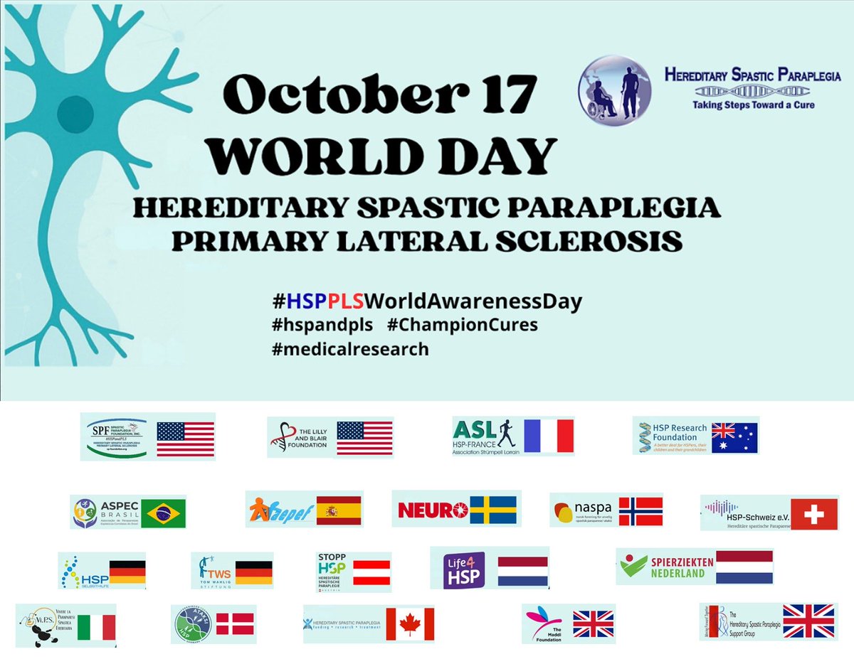 17 de octubre, Día Mundial de la Paraparesia Espástica Familiar. 19 asociaciones de 15 países alzamos la voz al unísono para visibilizar a enfermos y familiares. Juntos tenemos más esperanza.

#hsppls 
#hspplsworldawarenessday 
#hspandpls 
#championcures 
#medicalresearch