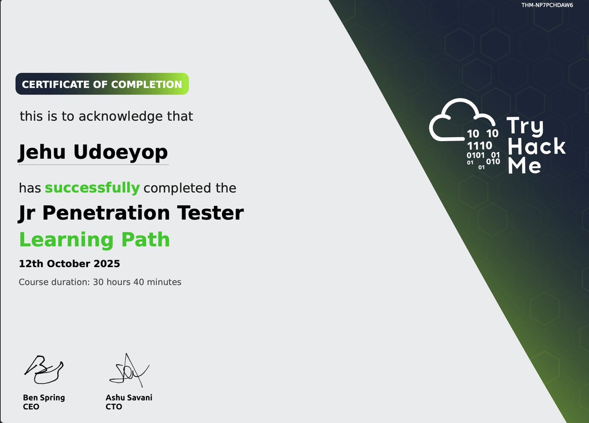 emeraald's tweet image. Jnr Penetration Tester Pathway: COMPLETE!!!
Just finished the @RealTryHackMe  learning path. Gained solid knowledge on methodologies, enumeration, exploitation, and industry tools. Ready for real-world application.
On to the next phase!!!🚀

@ireteeh @4osp3l
#PenetrationTesting