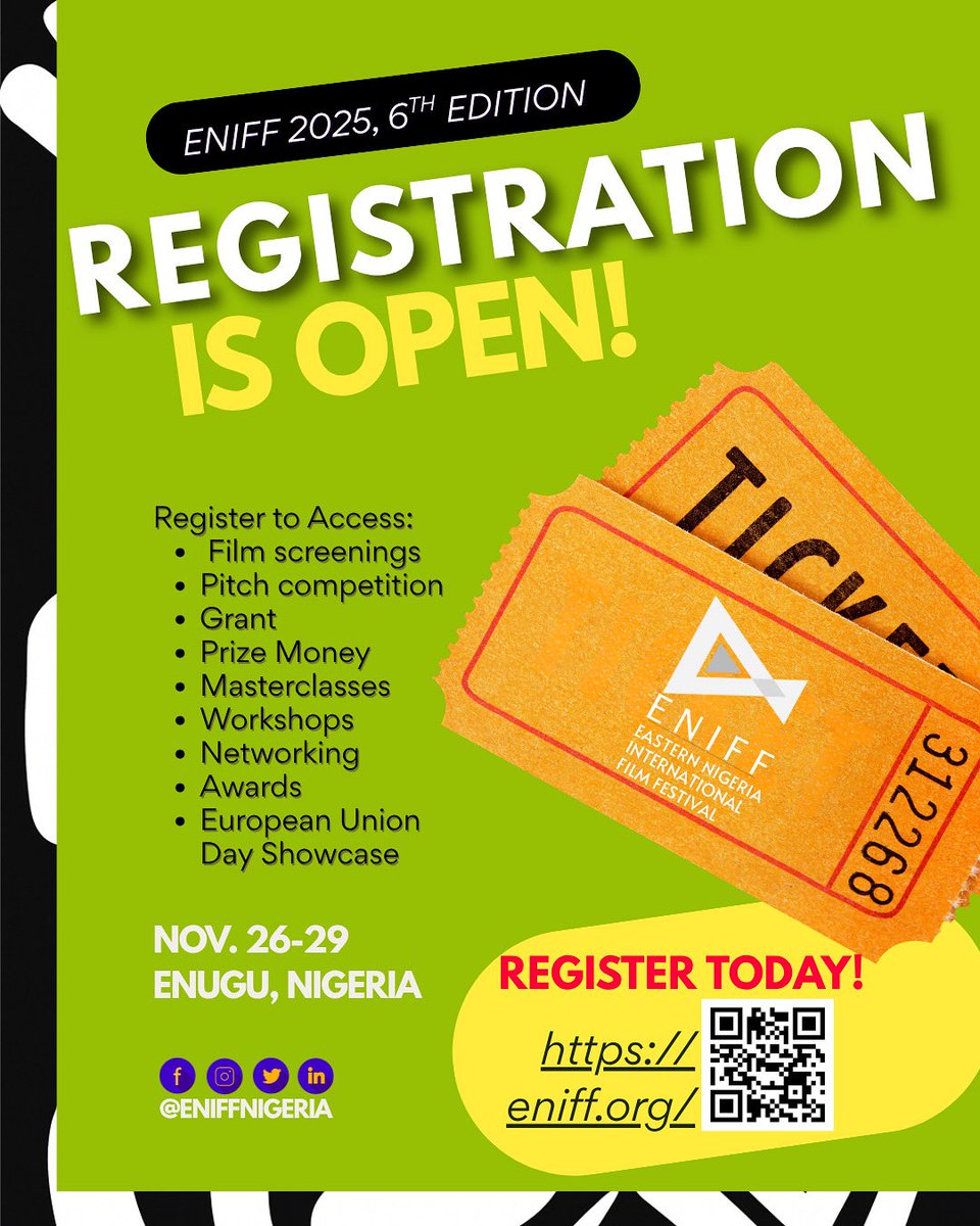 Registration for ENIFF 2025 is NOW OPEN! 

Don’t miss your chance to be part of Nigeria’s most exciting film festival this Nov 26–29 in Enugu, Nigeria! Whether you’re a filmmaker, or film enthusiast, get ready to be part of something special. eniff.org