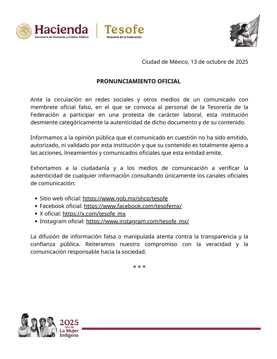 Pronunciamiento Oficial 
Tesorería de la Federación
13 de octubre de 2025