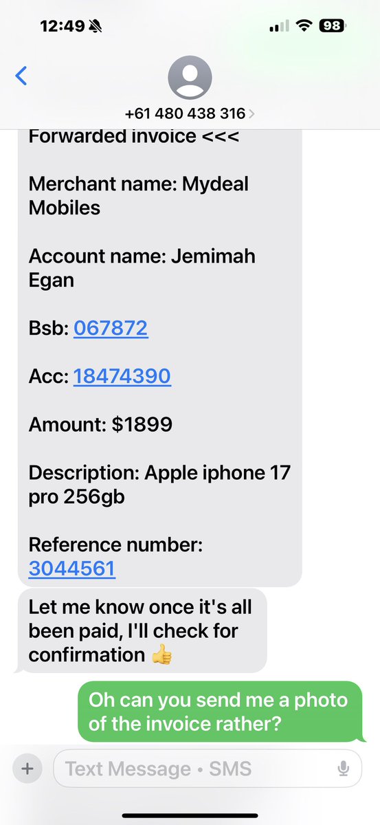 Melbourne_Mum's tweet photo. @CommBank can’t seem to report this anywhere but got a phishing scam to pay for an iPhone with this account number https://t.co/RG9CZyRHPn