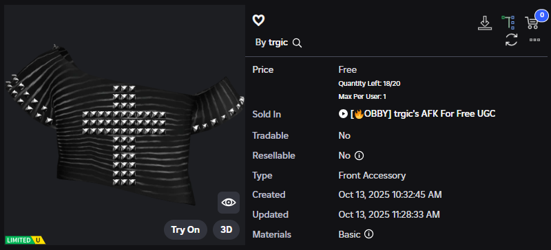 Xh0PlUgc's tweet image. 🔴FREE LIMTIED🔴
📦Stock: 20
❗How to get it: You will need to accumulate 900k points and then you can get it.
➡️roblox.com/catalog/120382…
➡️roblox.com/games/12383831…
#Roblox #RobloxDev #RobloxFreeUGC #RobloxUGCLimited