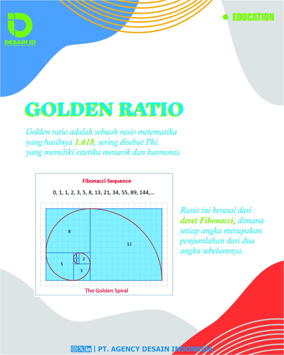 AgencyDesainID's tweet image. MAU DESAIN TERLIHAT SEMPURNA? Pakai Golden Ratio! 📐✨
​Rasio matematis 1.618 ini kunci agar desain terlihat HARMONIS &amp;amp; PROFESIONAL.
​🔑 Terapkan pada:
​Layout: Penempatan elemen utama.
​
​#GoldenRatio #DesignHack #TipsDesign #Design101 #Creative #agencydesainsemarang #branding