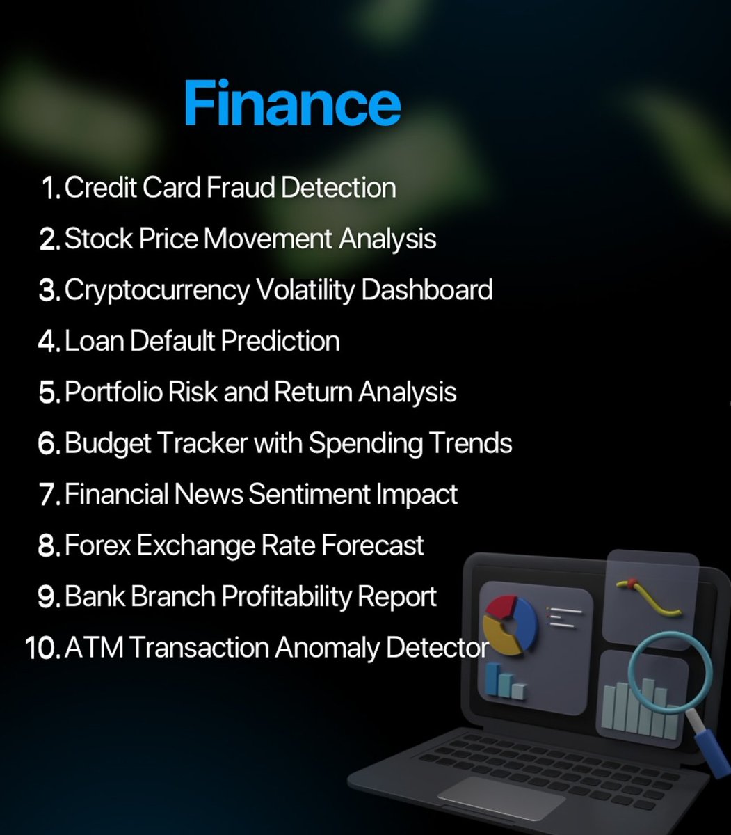 Python_Dv's tweet image. Most data portfolios are just… noise.
Charts for the sake of charts. No context. No business value.
So I put together this:
✅ 80+ real project ideas
✅ Sorted by industry
✅ The kind of work that actually gets you hired
E-commerce, Finance, Healthcare, AI, Web3. It’s all…