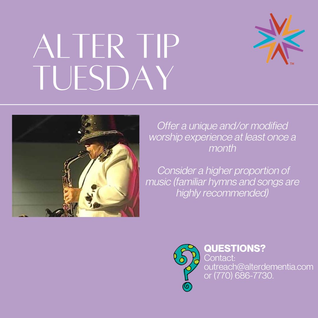 AlterDementia's tweet photo. 💜🎶 ALTER Tip Tuesday! 🎶💜

Offer a unique or modified worship experience at least once a month.

Include more familiar hymns + songs — music can bring comfort, joy, and connection for those living with dementia. 🙏

#ALTERDementia #DementiaCare #FaithCommunity https://t.co/4MU9OHSCHo
