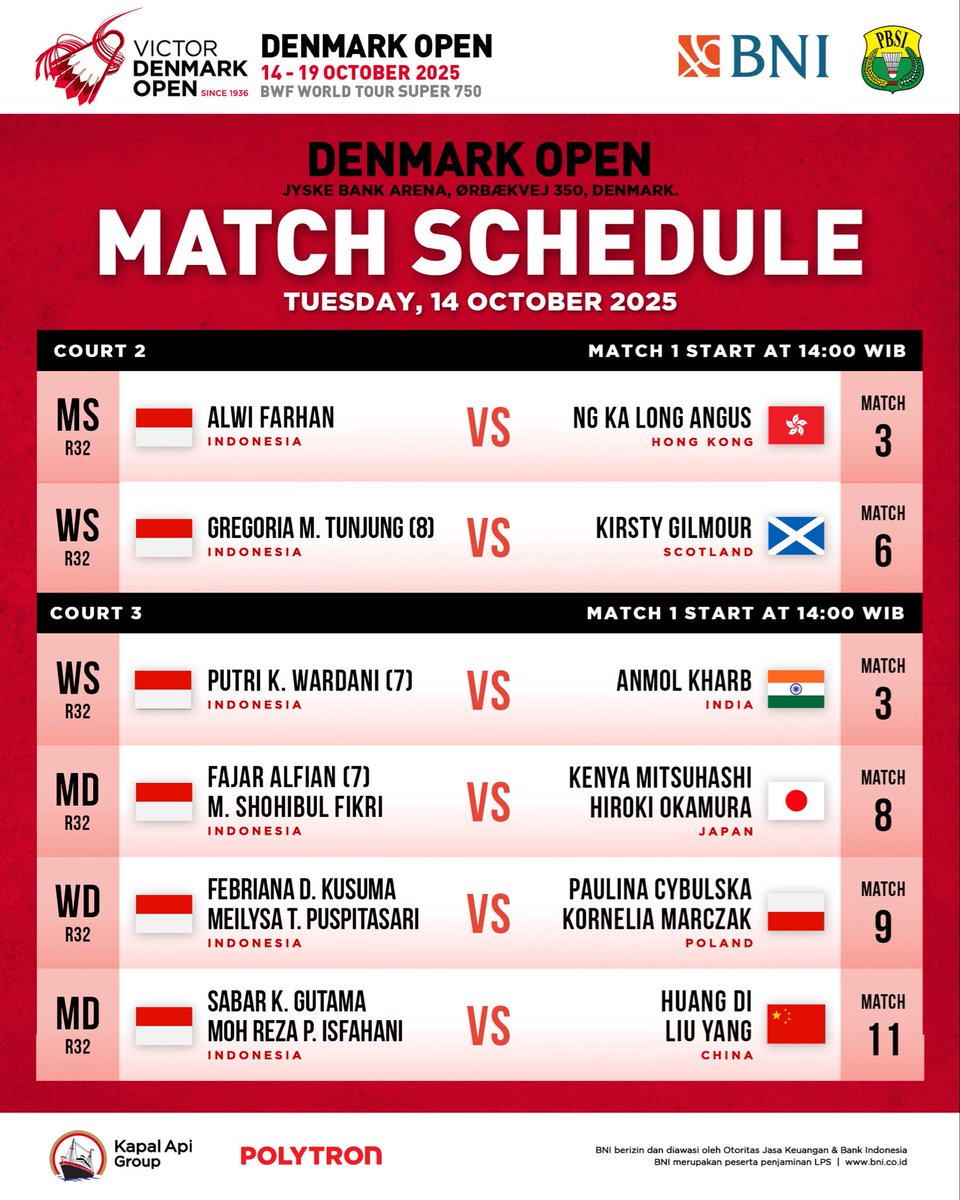 Enam wakil Indonesia berlaga di hari pertama Denmark Open 2025.

Berikut jadwalnya mulai pukul 14.00 WIB siang nanti.

Ayo Indonesia Bisa! 💪🏻🏸🇮🇩

#BadmintonIndonesia #DenmarkOpen2025