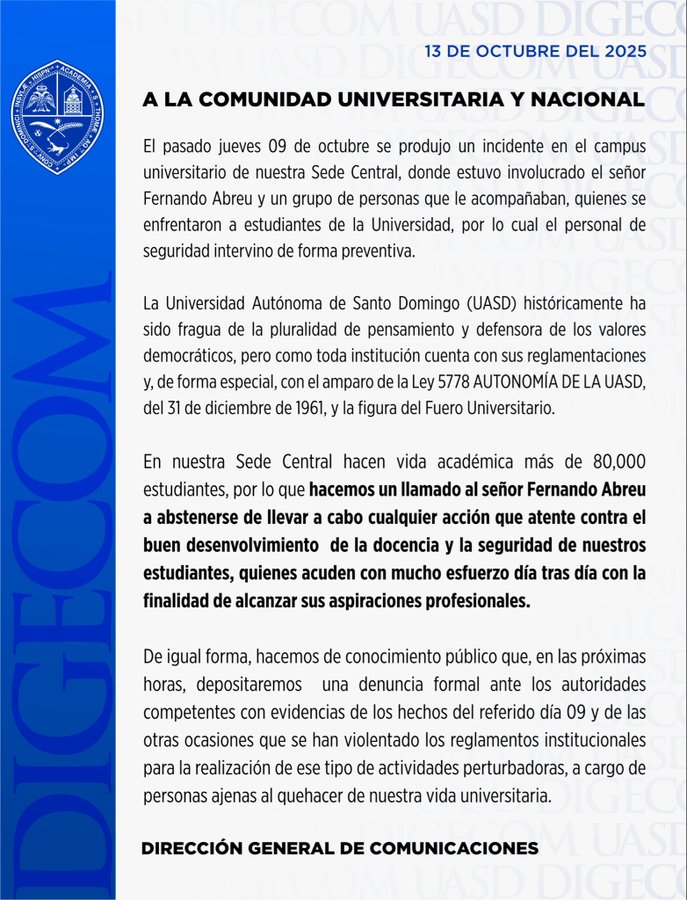 A poster with the Universidad Autónoma de Santo Domingo logo at the top left and right, dated 15 OCTUBRE 2025, titled A LA COMUNIDAD UNIVERSITARIA Y NACIONAL, describing an incident on 09 de octubre at the Abelardo Nana Suberví campus involving people offering transportation services, urging caution against accepting rides from strangers for prevention by university security personnel, lamenting gender violence in Dominican society, exhorting students, professors, and administrative staff to be careful, and providing instructions for reporting similar incidents at the Central campus to the womens sector for logging in the UASD occurrences book, with security noting facts for the Prevention Directorate, signed by Dirección General de Comunicaciones.