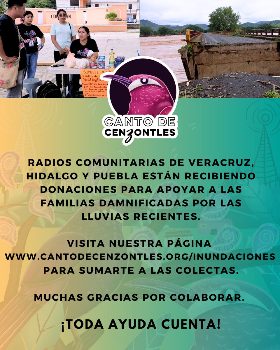 🆘 📻Radios comunitarias de #Veracruz #Puebla e #Hidalgo están recibiendo #donaciones por las #lluvias que han afectado #comunidadesindígenas de difícil acceso. 🌧

➡️Visita cantodecenzontles.org/inundaciones para sumarte a las #colectas.

 ¡Muchas gracias, toda ayuda cuenta! 🫶