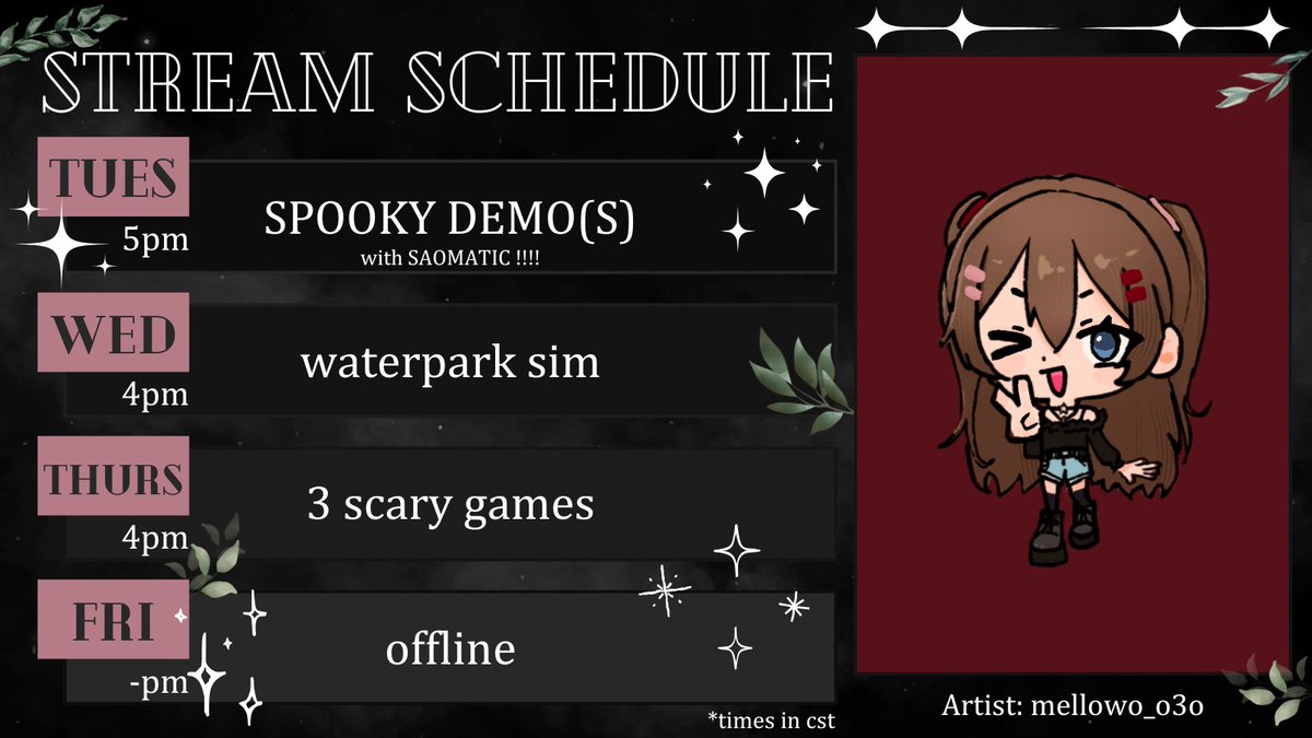 This weeks stream schedule!! Yippee!!

Playing the reanimal demo with <a href="/saomatic/">Saomatic | Pre-debut vtuber 👻</a> on tues

More waterpark sim on wed

and 3 spooki games on thurs c: