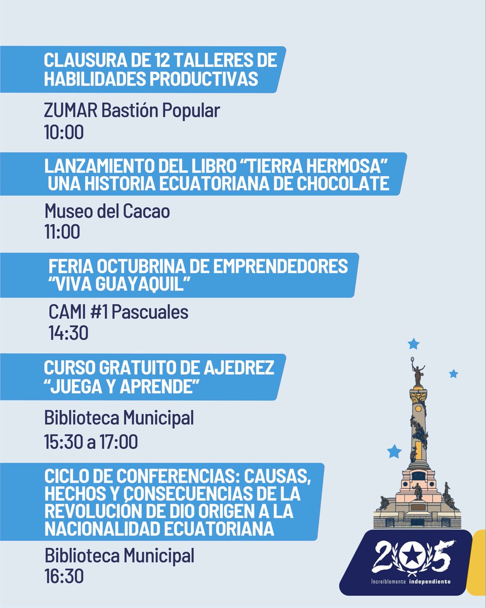 Durante esta semana, las fiestas octubrinas continúan con actividades culturales, deportivas y recreativas en distintos puntos de la ciudad. #GuayaquilEsIndependencia