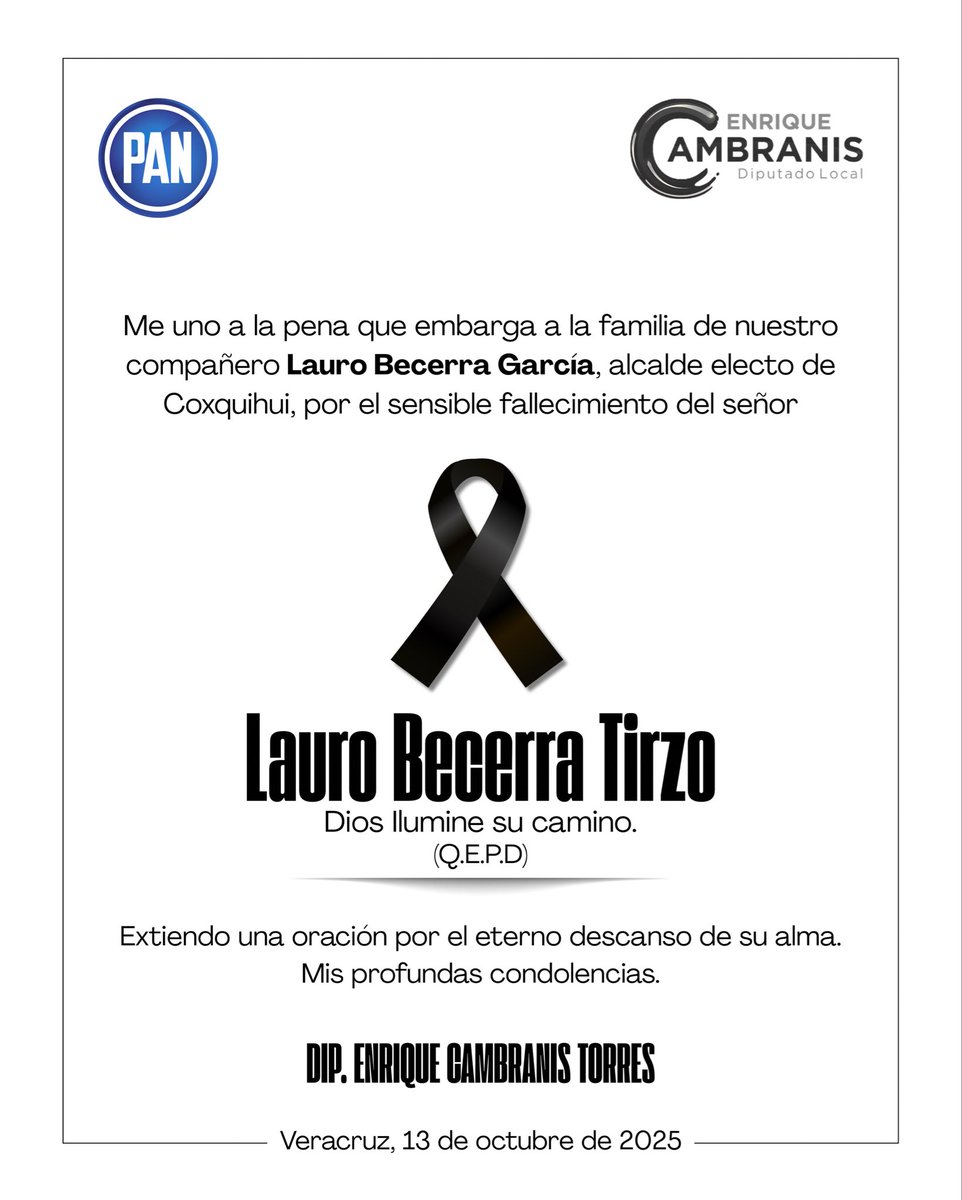 Como Coordinador del #GLPAN, condeno enérgicamente el asesinato del padre de nuestro compañero Lauro Becerra, alcalde electo de #Coxquihui. En reiteradas ocasiones pedimos al Gobierno de #Veracruz garantizar su seguridad y no hubo respuesta. Exigimos justicia. #PAN