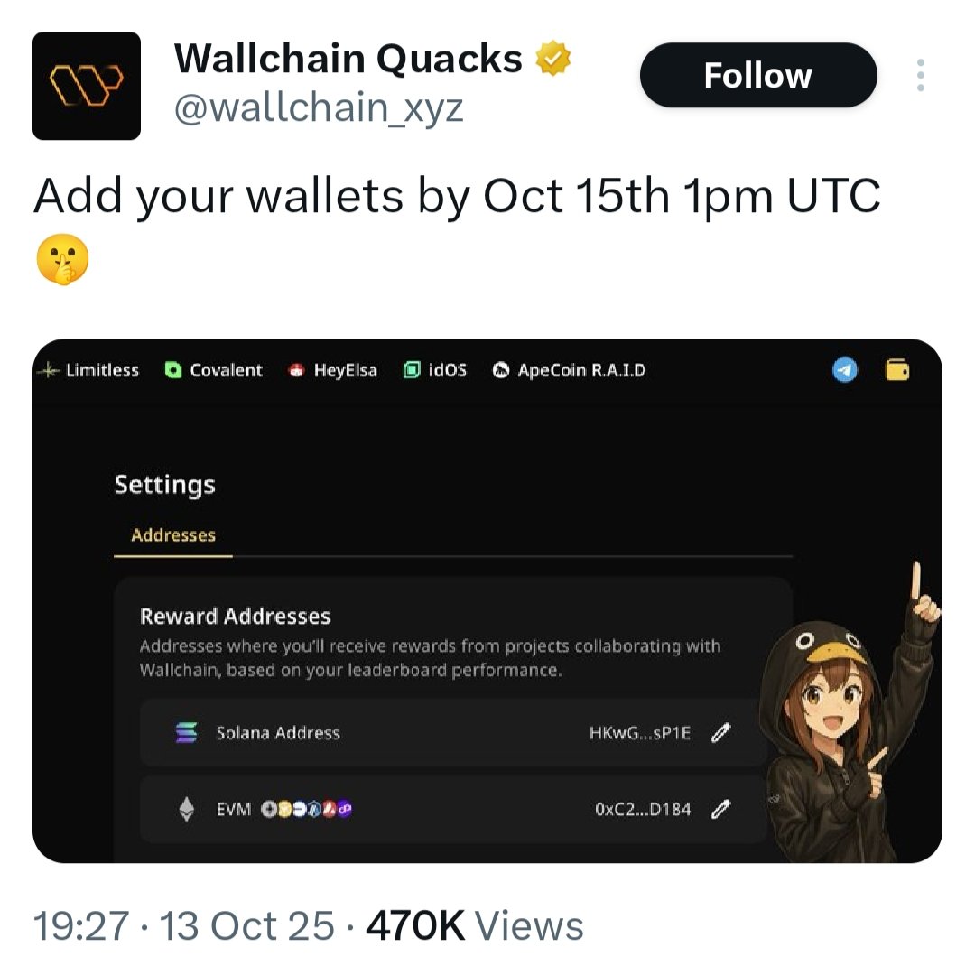 Imranmo61767458's tweet photo. 👀 If ur fam with @wallchain_xyz — don’t sleep on this!

💰 Hit that wallet icon (top-right)
🔄 Update both ur EVM &amp; SOL wallets asap

⏰ Deadline: Oct 15, 6:30 PM IST
🧩 Word is… an NFT drop might be brewing 👀 https://t.co/VeM9hWnp3K