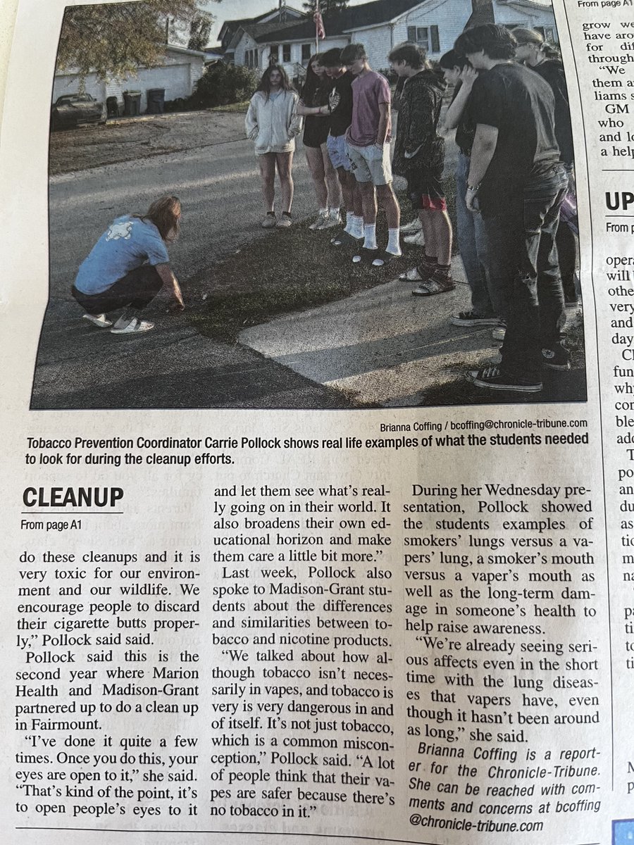We are proud of our Jr. High Student Council for taking on a service learning project cleaning up after the James Dean Festival.  Thank you to Marion Health's Carrie Pollock for the opportunity and to our sponsor, Mr. Mathews for his efforts with our jr. hi. students!  #WeAreMG