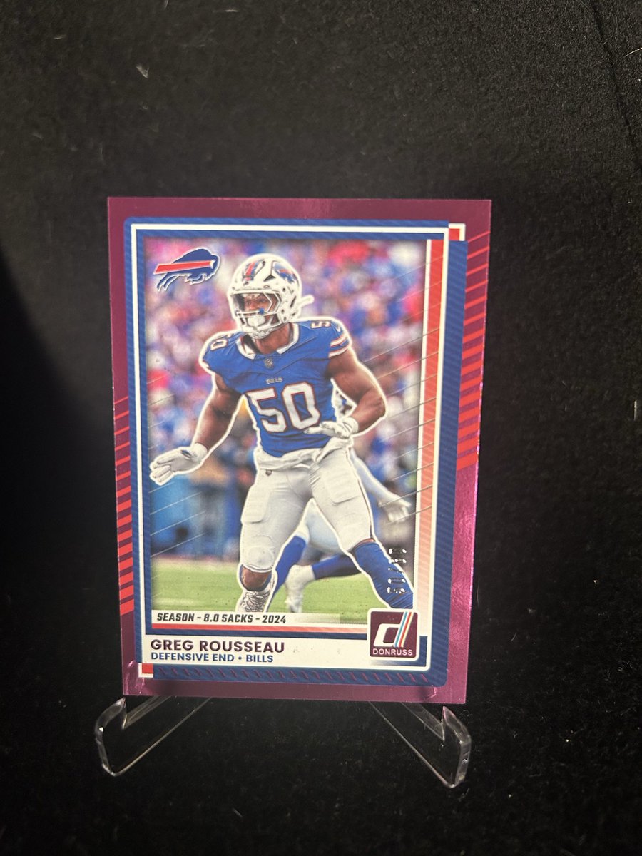 CardBreakCalc's tweet image. The blocked kick made me think of this. Are there different versions of the 2025 Press Proof? This Greg Rousseau has his 2024 sacks instead of “Press Proof” @CardPurchaser