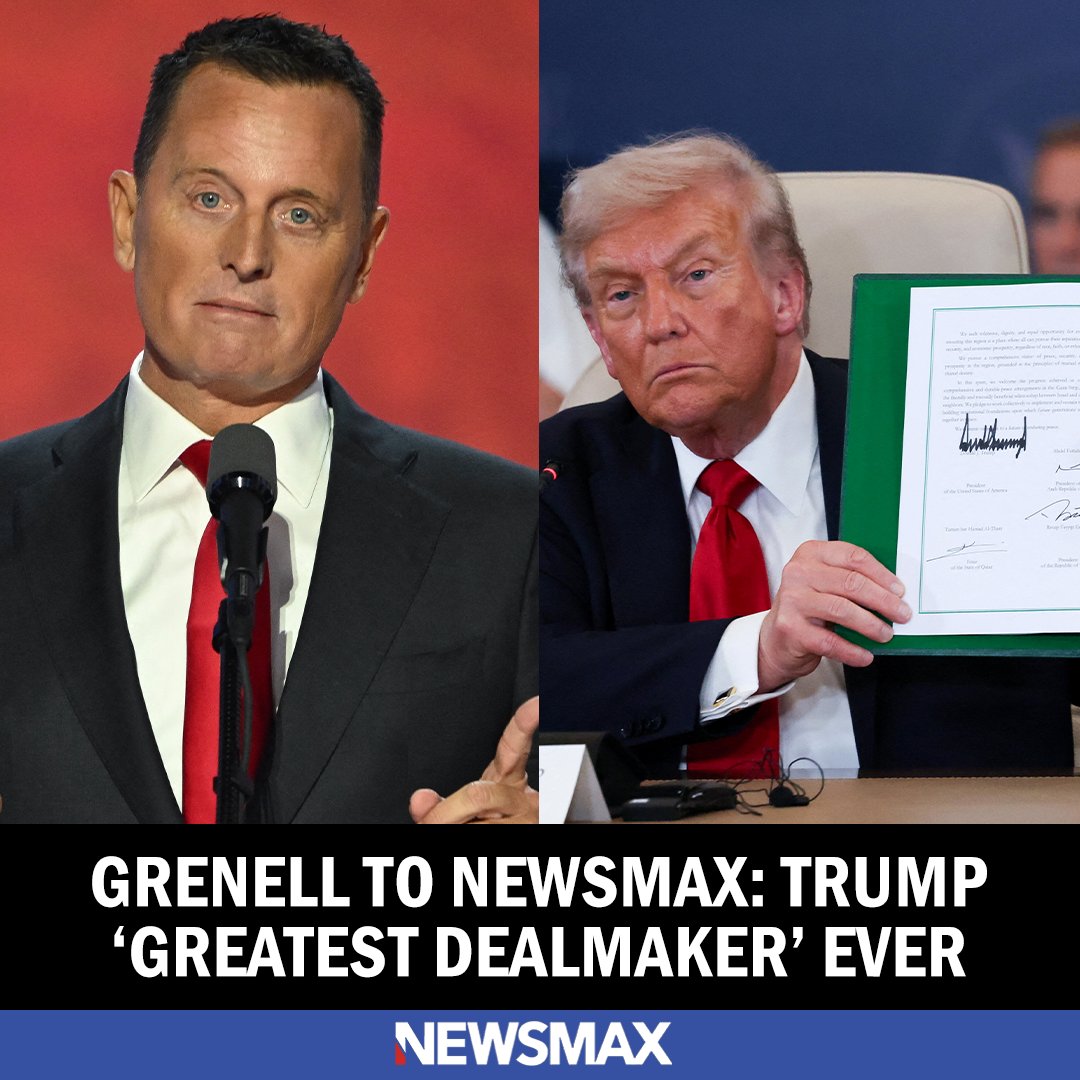 NEWSMAX's tweet photo. Richard Grenell told NEWSMAX that President Trump is the only world leader capable of achieving the peace deal that ended more than two years of war between Israel and Iranian-backed Hamas terrorists in the Gaza Strip. https://t.co/c8br49rqzP https://t.co/IhsZX7HeEv